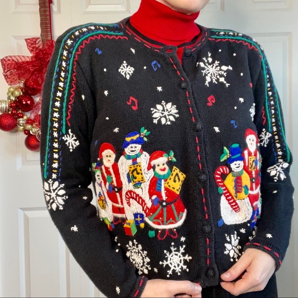 VTG Holiday Christmas Carolers Embroidered Black Sweater Cardigan Women's Sz M - Picture 1 of 9
